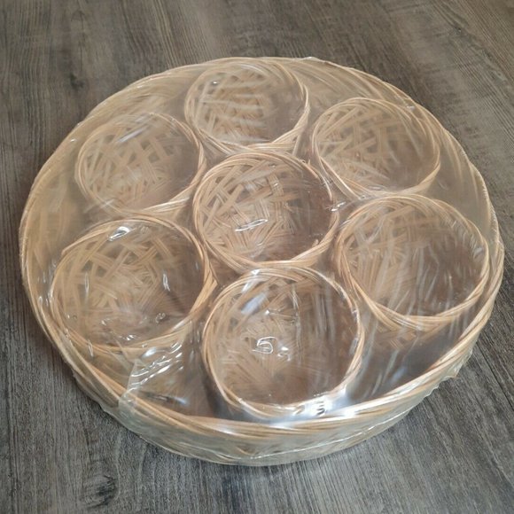 7 Vtg wicker cup holder w/storage basket - Bohohemian rattan drink caddy carrier